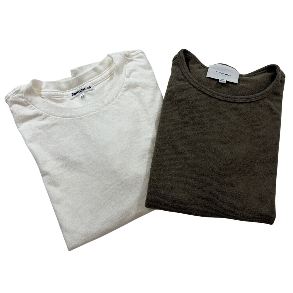 Reformation Bundle 2 Pack Short Sleeve Crewneck Tops White Olive Green Size M